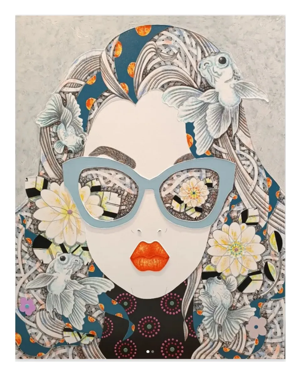 Goldfish, blossoms and a pair of blue frames