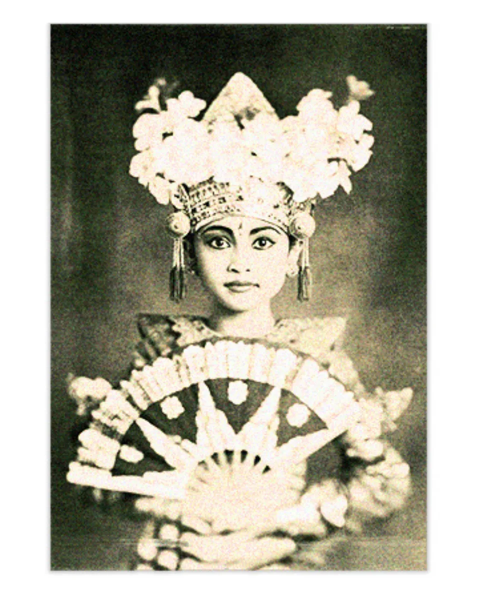 Vintage sepia portrait of a Balinese dancer in a flower headdress
